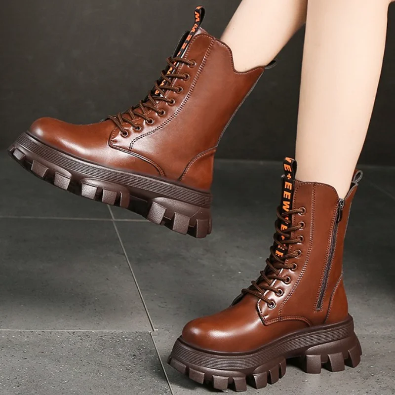 

Round Head Lace-up Zipper Women's Casual Chelsea Boots 2022 Autumn New Fashtion Platform Square Heel Women's Motorcycle Boots