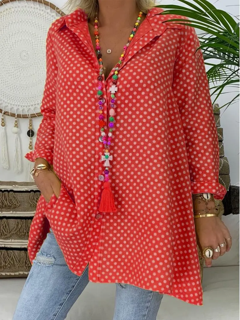 

Plus Size Women V Neck Polka Dot Shirt Tops Long Sleeve Loose Blouse Ladies Tops 2020 Womens Blouse Casual Tunic Beach Clothes