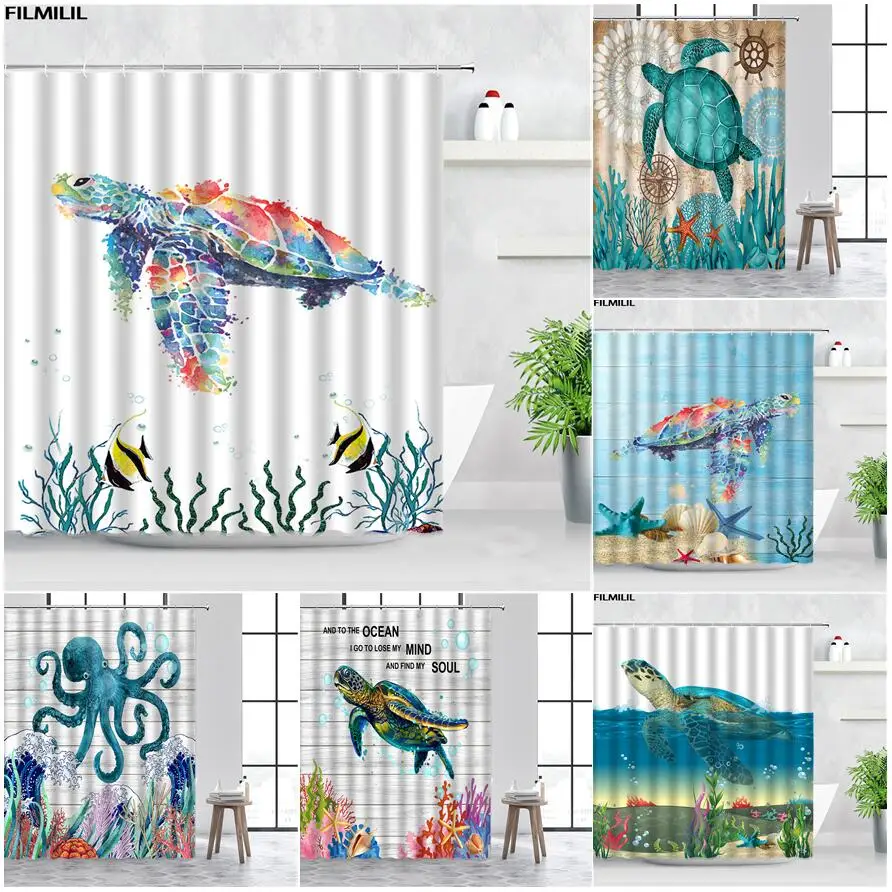 

Sea Turtle Shower Curtains Watercolor Animal Octopus Ocean Tropical Fish Coral Modern Bathroom Decor Bathtub Curtain with Hooks