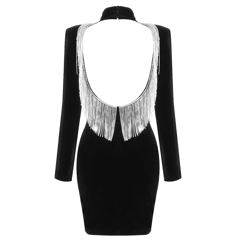 

Sale New Women Sexy Designer Bling Tassel Full Sleeve Black Night Club Dress Mini Backless Evening Celebrity Party Dress Vestido