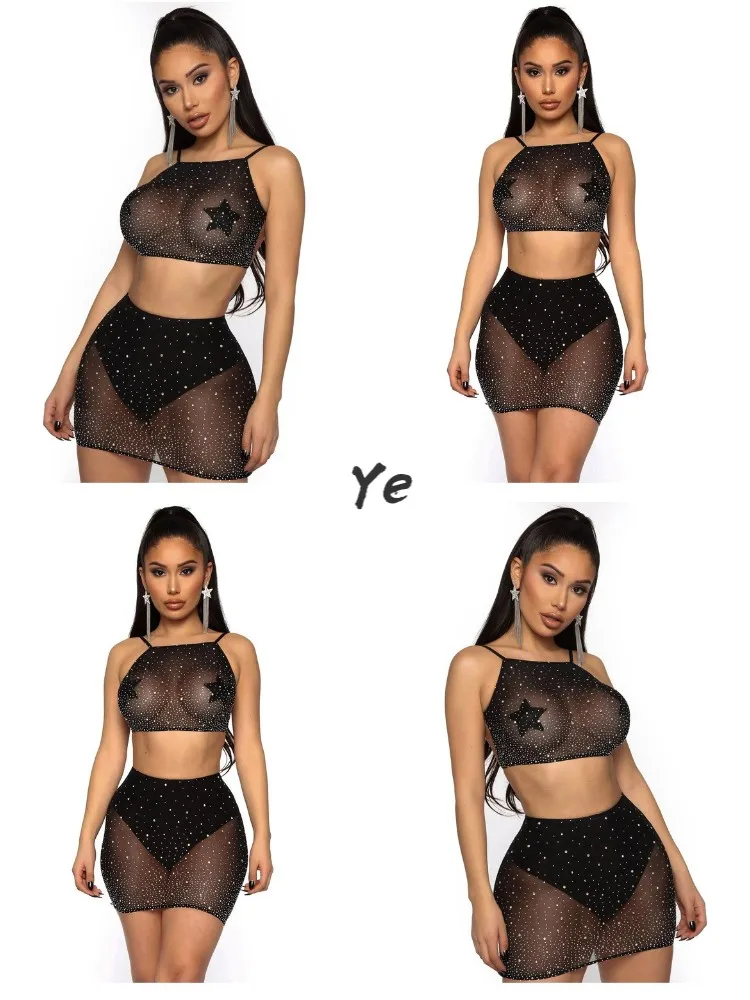 

Women Two Piece Set Summer Sexy Shine Mini Dress Vest Backless Crop Top Pleated Wrap Club Party Bodycon Mini Skirts Lady Outfits