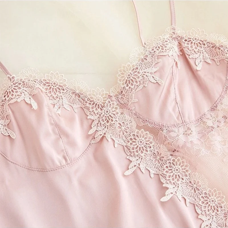 QWEEK Satin Elegant Lace Embroidery Nightdress Women Silk Fairy Dress Sleepwear Sexy Nightwear Summer Nightie Nightgown Vestido