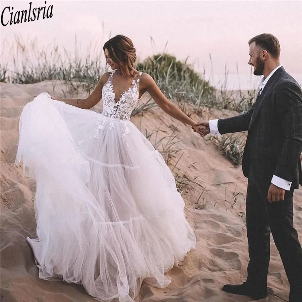 

Пляжное свадебное платье с v-образным вырезом и аппликацией из кружева и тюля с открытой спиной богемные Свадебные платья Boheimian A-Line платье п...