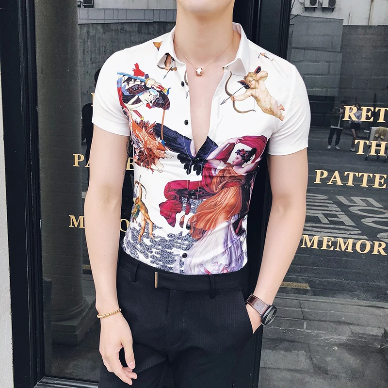 

Summer Slim Fit Shirt men England angel Print Casual Streetwear Camisa Homme Short Sleeve Night Club Social Hawaii Shirt