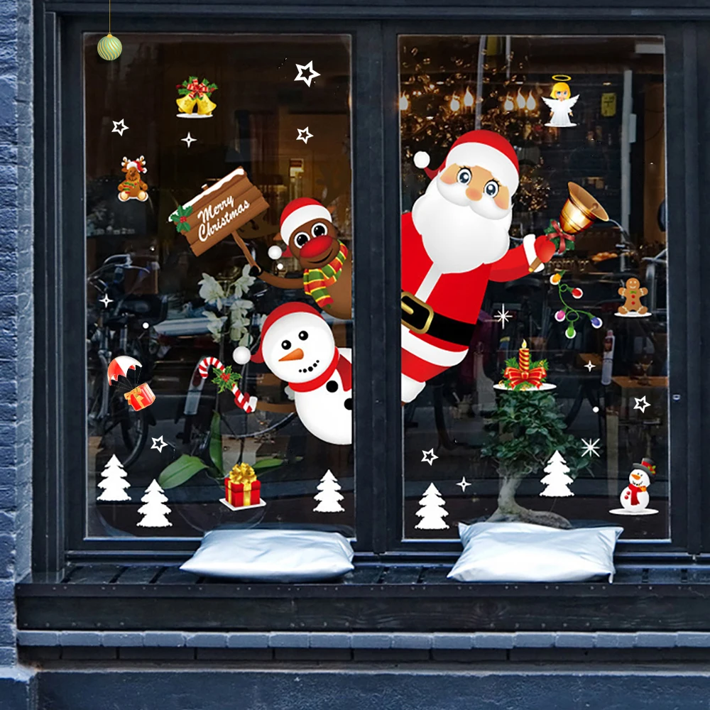 New Year Wall Stickers For Christmas Showcase Window Glass Decr Festival Decals Santa On The Shop | Дом и сад
