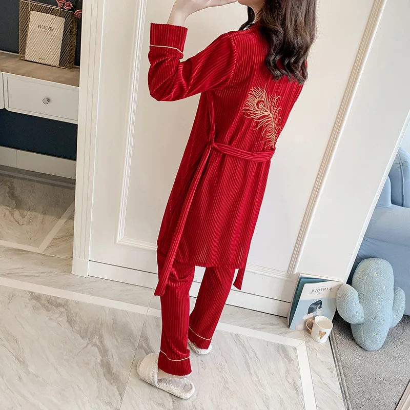Autumn Winter Warm 3 Pieces Pajamas Set Women Sexy Sleepwear For Sleeveless Strap Nightwear Long Pant Robe | Женская одежда