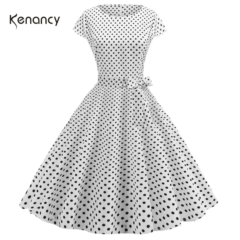 Женское винтажное платье в горошек с коротким рукавом и круглым вырезом|Женские