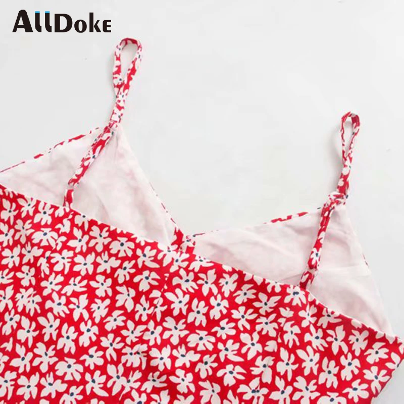 

ALLDOKE summer beach maxi long dress women high waist V neck sleeveless strap floral print A line ladies dresses vestidos