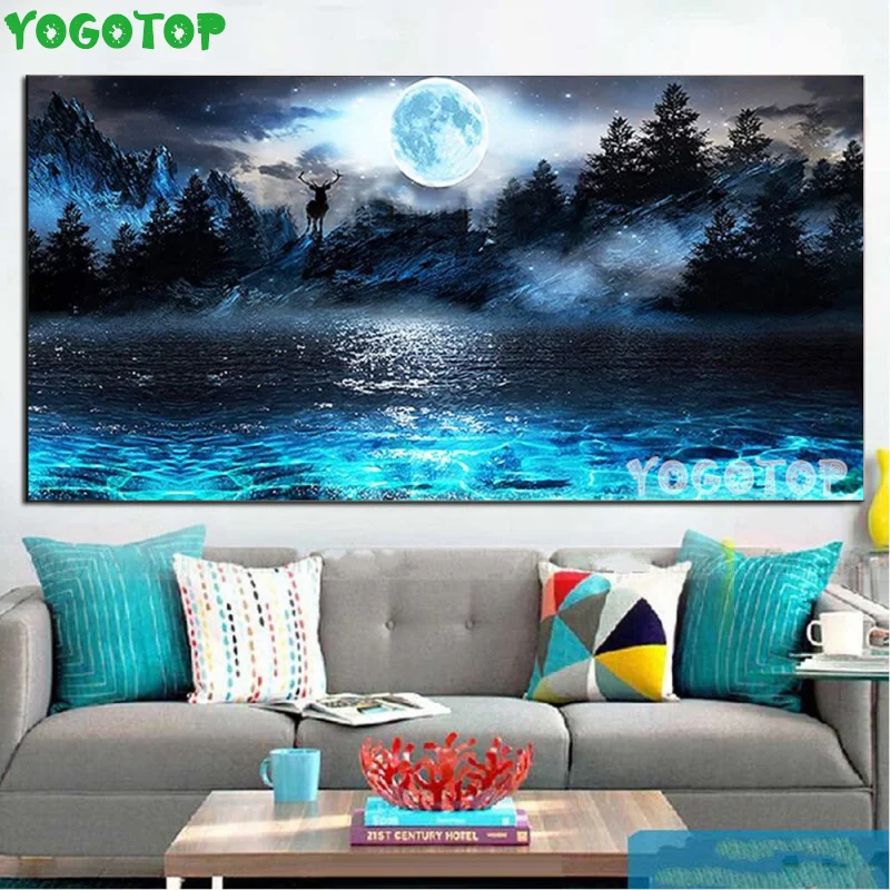 

Large Moon Blue Sea 5d diy diamond painting full drill square Round rhinestone mosaic mountain deers embroidery Decor YY5498