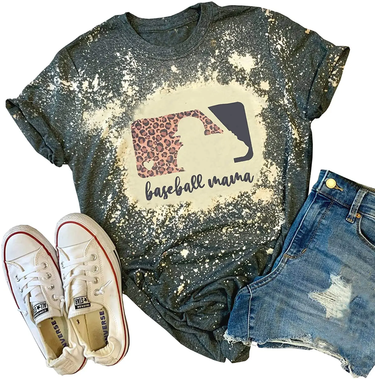 

Baseball Mama Bleached T-Shirt for Women Funny Leopard Graphic Mama Distressed Shirt Letter Print Baseball Mom Tee Tops