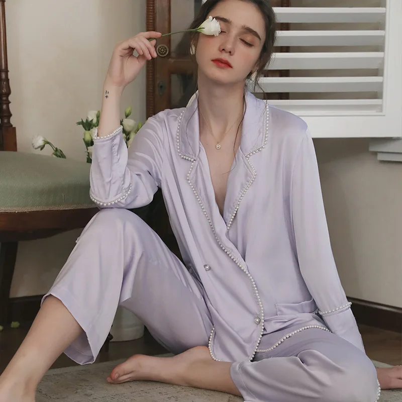 

2PCS Purple Pearl Women Pajamas Set Sexy Notched Rayon Pyjamas Full Sleeve Shirt&Pant Sleep Suit Nightwear Summer Home Sleepwear