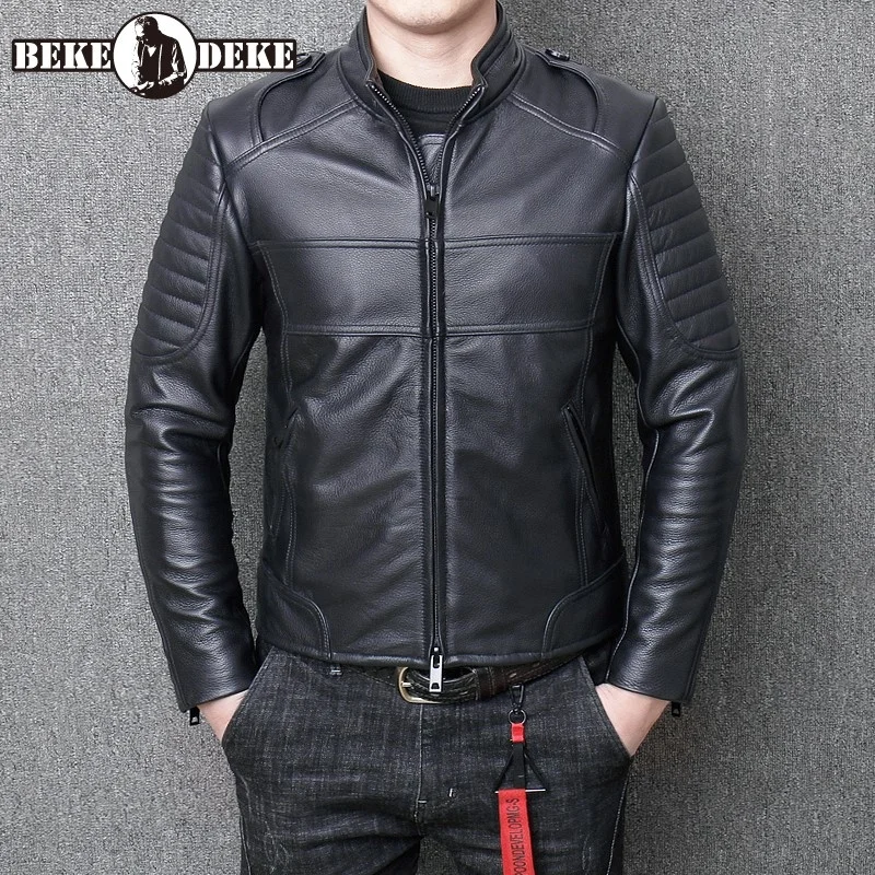 

Moto Biker Windproof Cow Leather Jacket Men Slim Fit Winter Genuine Leather Jacket Male Vintage Flight Short Thick Outwear Coat
