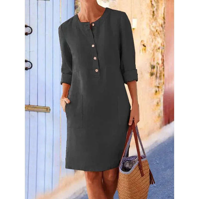 

Lugentolo Long Sleeve Dress Linen Dress Women Plus Size High Waist Soild Button O-Neck A-Line Casual Womens Short Dress