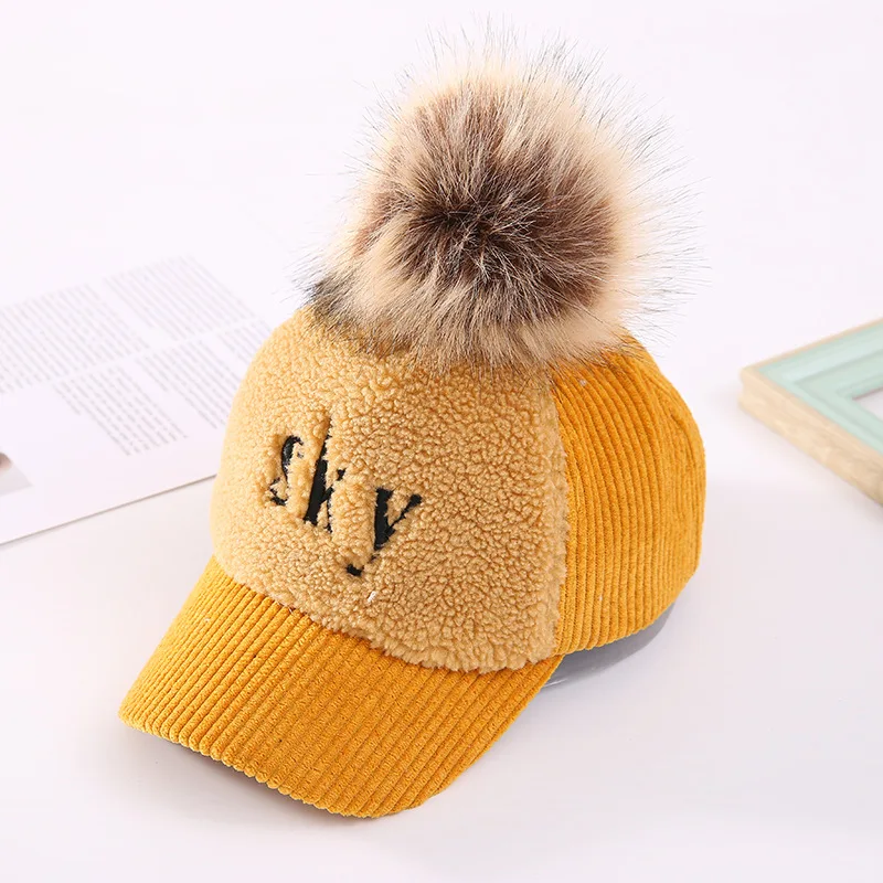 Children's Hat Winter New Thin Velvet Sky Curved Brim Girl's Letter Warm Big Wool Ball Color Blocking Baseball Cap | Спорт и