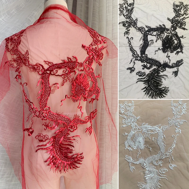 

3 Colors Wine Red Black Ivory Tulle Embroidered Dragon Pacth Big Size 55x42CM 1 Piece