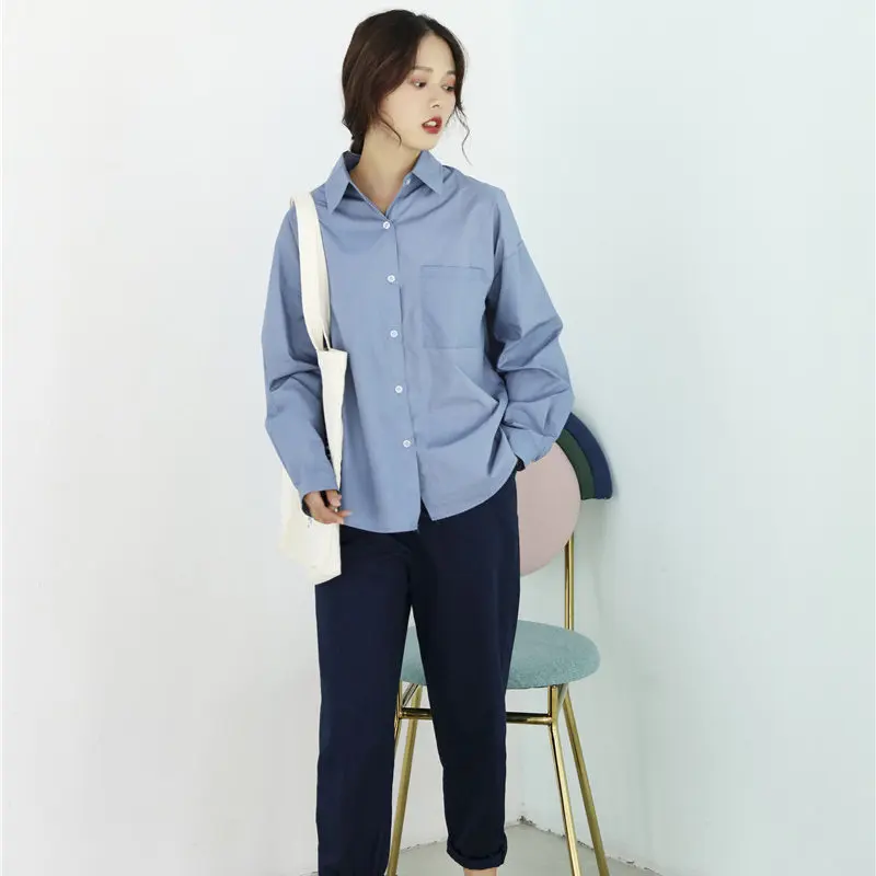 

HziriP Blue All-Match Minimalist Casual Hot Sale 2020 Women Brief High Quality Solid Loose Office Lady Stylish Gentle Shirts