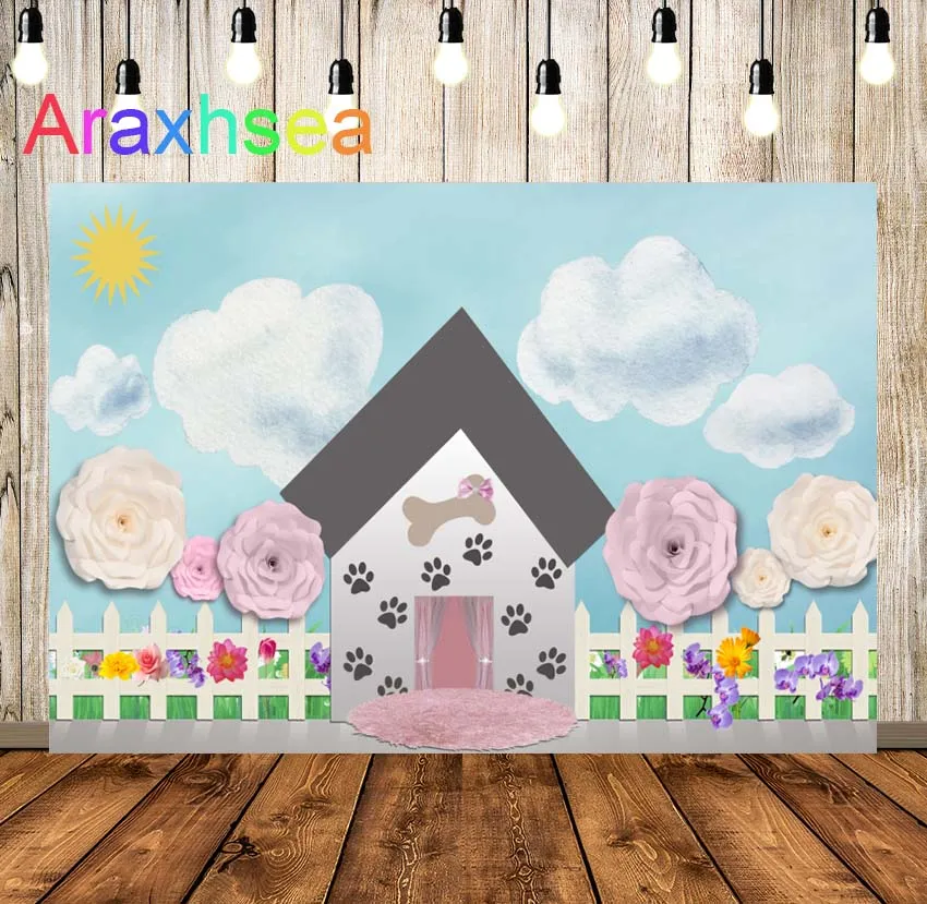 

Cartoon Bithday Party Background Blue Sky Dog Paw Baby Shower Photography Backdrop House Custom Vinyl Photo Booth Props