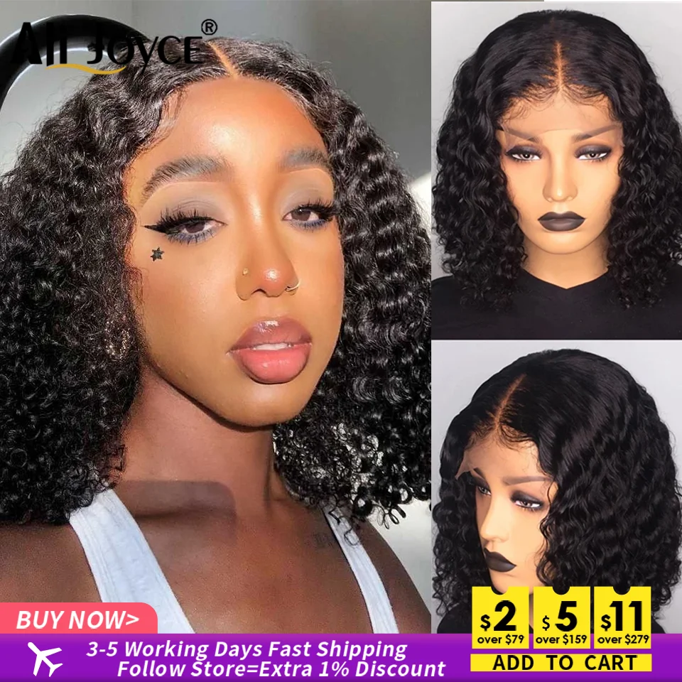 

Jerry Curly 13x1 T part Lace Wig Short Bob Human Hair Wigs Deep Wave Brazilian Remy Pre Plucked 180% Density For Black Women