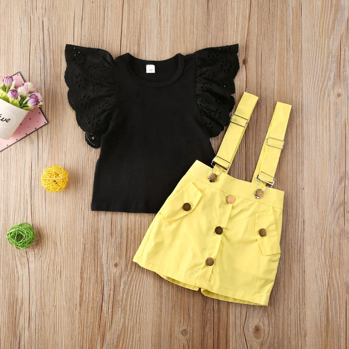 Комплект одежды из 2 предметов для маленьких девочек кружевная черная футболка с