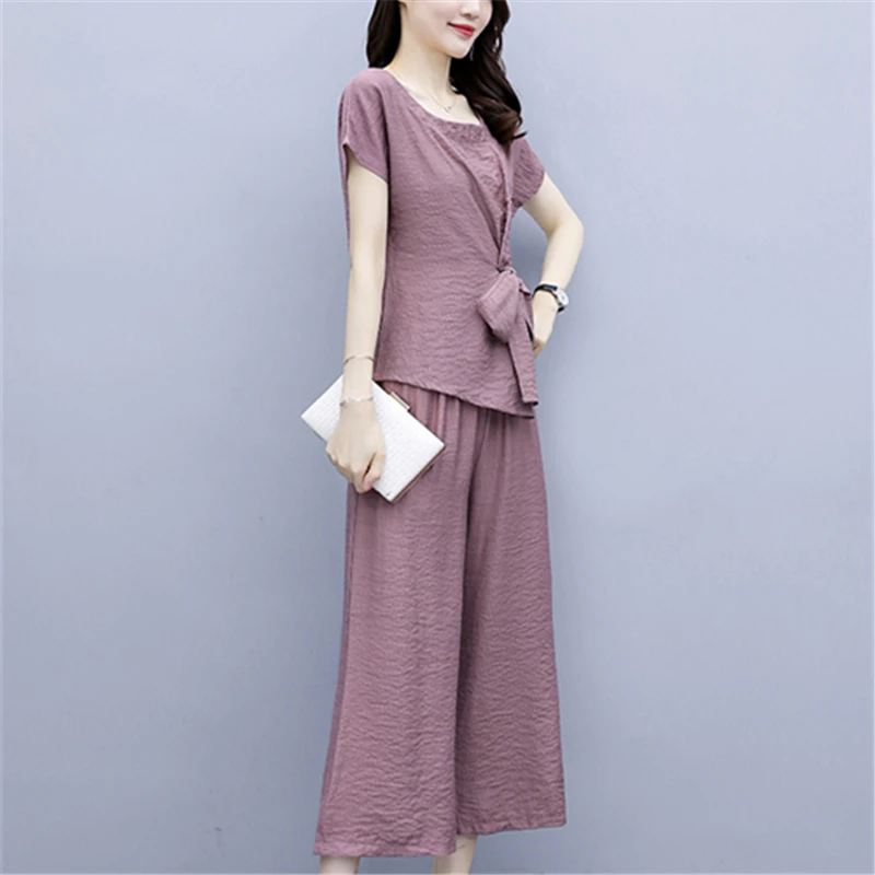 

2021 Summer Fashion New High-Quality Thin Cotton And Linen Ladies Lace-Up Top + Wide-Leg Pants Two-Piece Suit Trend H093