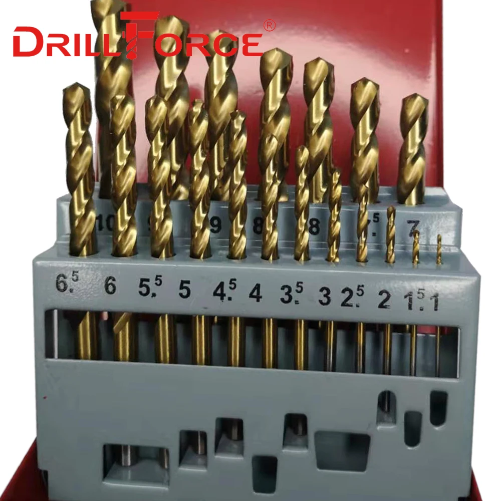 Сверло DRILLFORCE 13/19/25 шт. HSS M2 с титановым покрытием для сверления металла и