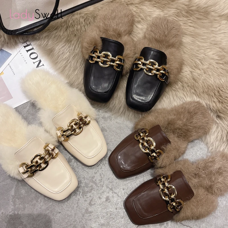 

LadySwell Mules Women 2021 New Fluffy Slippers Female Half Shoes Lazy Furry Loafers Rabbit Fur Slides Designer Muller Femme Luxe