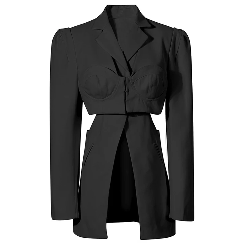 Women High Street Blazer Cutout False Two Piece Spring Autumn Blazer Coat