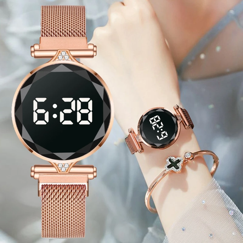 

Luxury Digital Magnet Watches For Women Rose Gold Stainless Steel Dress LED Quartz Watch Female Clock Relogio Feminino Drop Ship