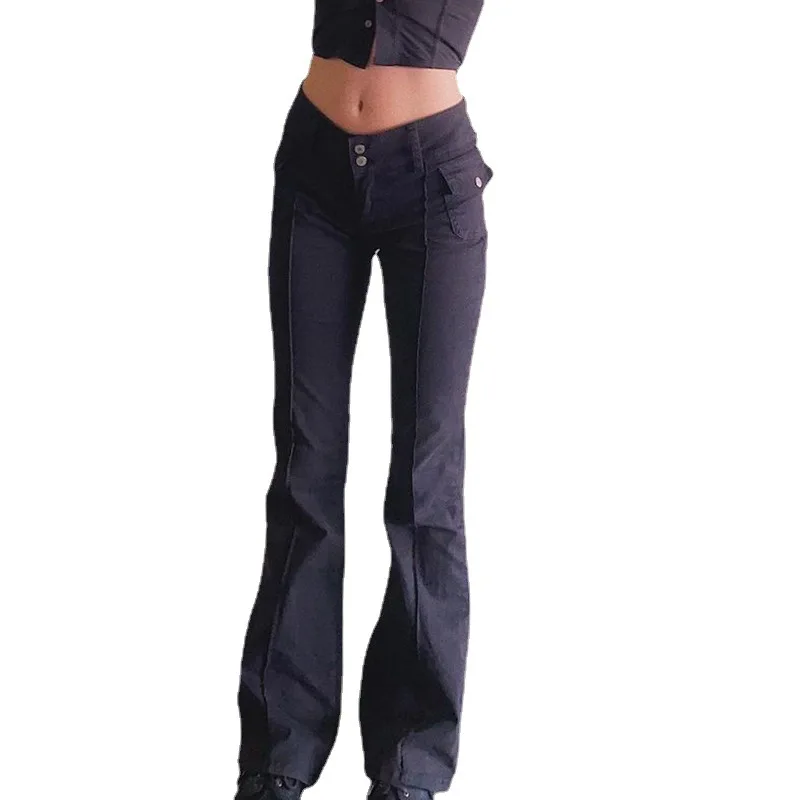 

Indie Aesthetics Slim Low Waist Flare Pants E-girl Vintage Pockets Solid Y2K Pants Autumn 90s Fashion Black Trousers