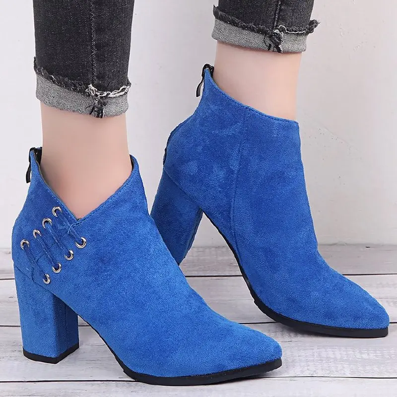 

Women's Pointed Toe High Heels Fashion Suede Ankle Booties Casual Thick Heel Back Zipper Martin Boots Plus Size
