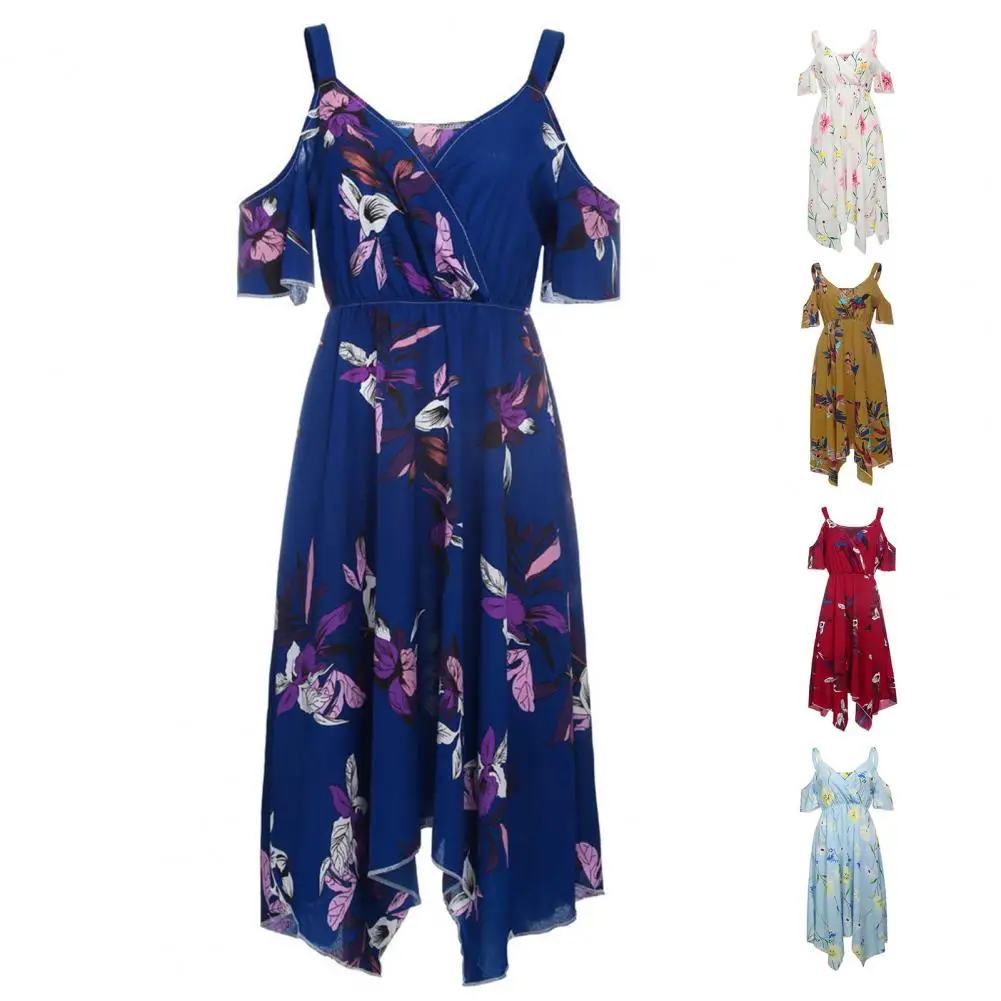

Fashion and sexy Summer women's printed sleeveless large size irregular hem women's V-neck strapless mid-length dress