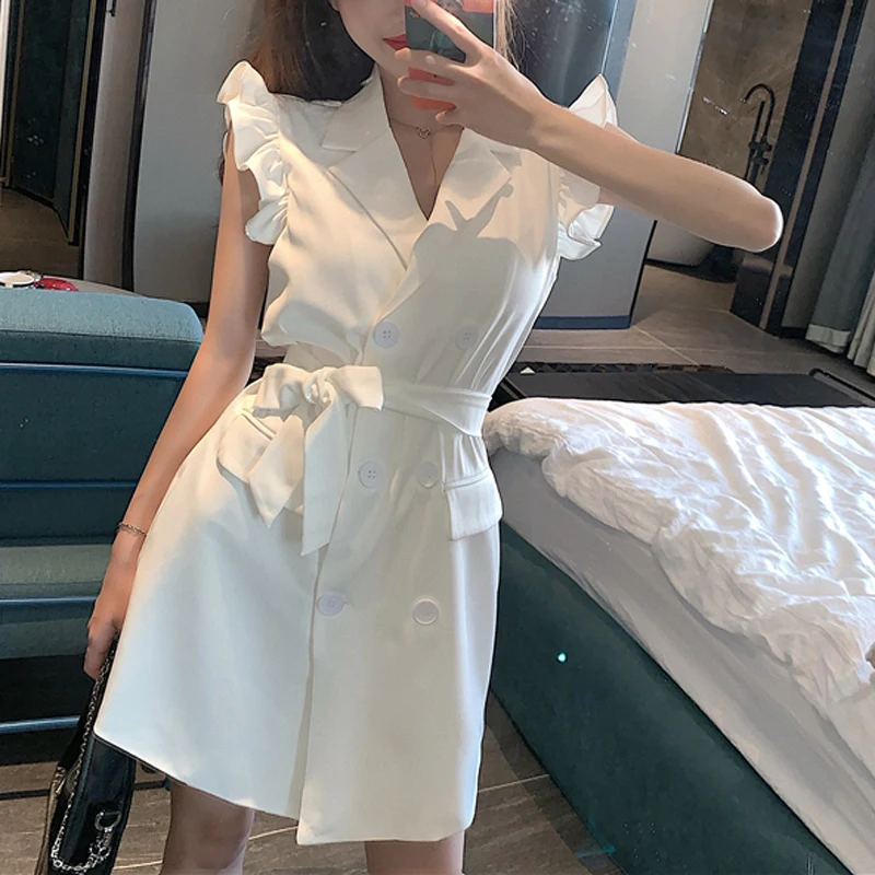 

Женское элегантное милое Привлекательное платье, двубортное однотонное платье-мини без рукавов с вырезом лодочкой, черным, белым цветом и р...