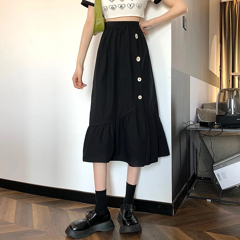 

Женская длинная юбка с завышенной талией, Повседневная Свободная черная трапециевидная юбка с высокой талией, лето 2021