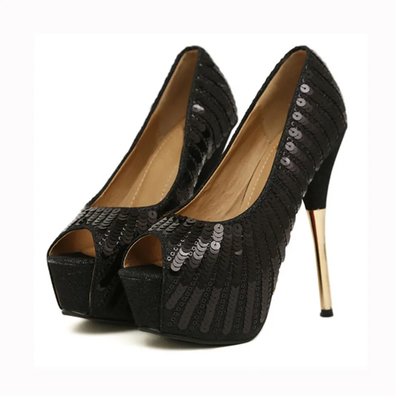 Женские вечерние туфли лодочки с открытым носком на платформе золотыми и Черными