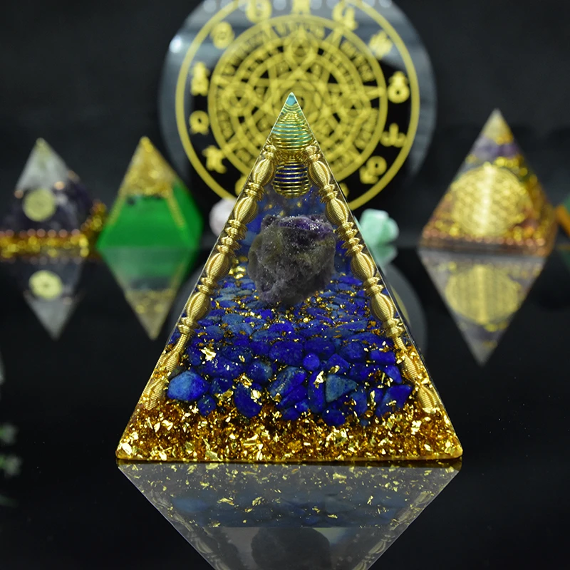 Aura Orgon Energy Pyramid Chakras Stone Orgonite Amethyst Crystals Lapis Lazuli Home Office Decor Resin Reiki Gift