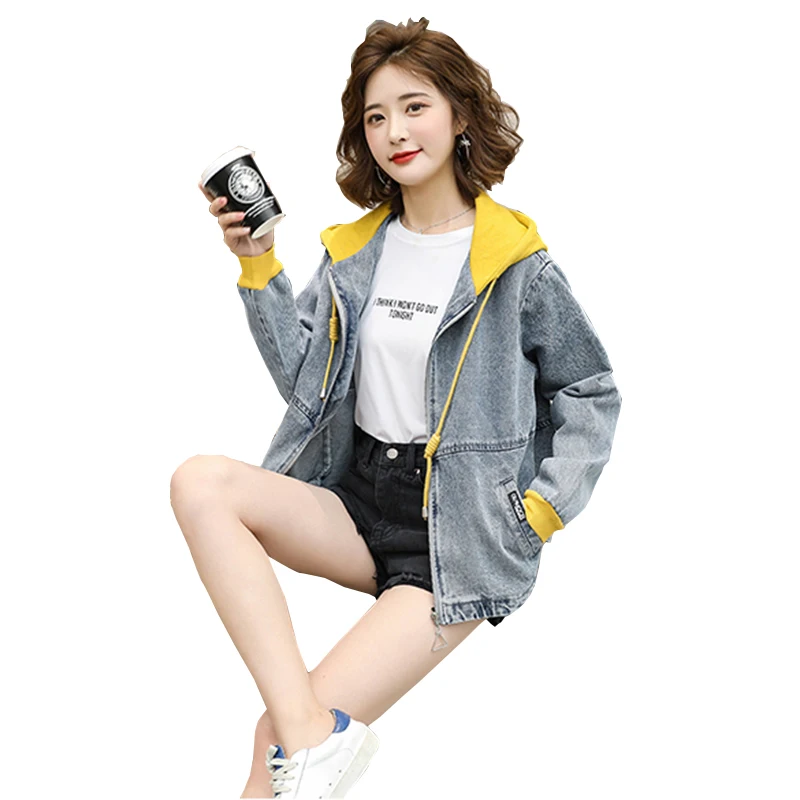 

Autumn Hooded Turn-Down Collar Denim Jacket Women Loose Zipper Patchwork Outwear Large Size Jean Coat Female FC1481
