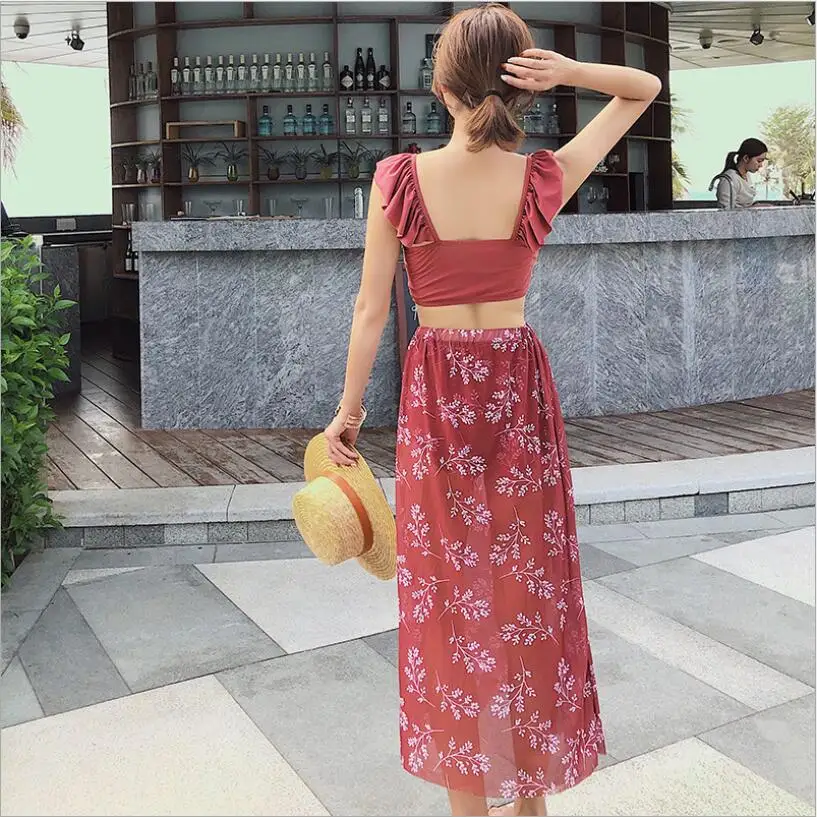 Женский комплект бикини с юбкой купальный костюм пляжная одежда для плавания