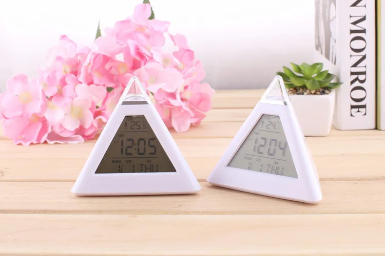 Triangle white seven-color alarm clock LED discolored creative fashion lazy decompression | Дом и сад