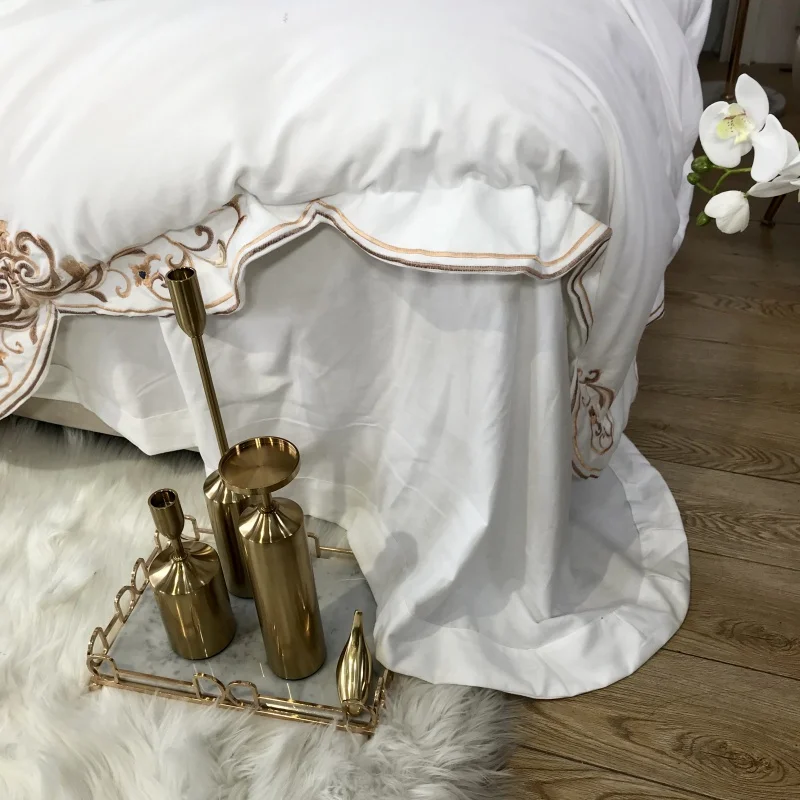 

New White Purple Gray 60S Egyptian Cotton Sanding Bedding Set Gold Chic Embroidery Duvet Cover Bed Linen Fitted Sheet Pillowcase