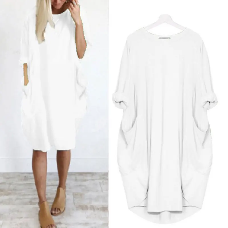 

simple Casual Loose Dress With Pocket Streetwear Plus Size solid color dress Ladies Fashion O Neck Long Tops women T-shirt Dress