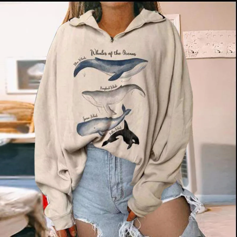 

Women Hoodie Whales Print Loose Hoodies Autumn New Personality Printed Women Sweatshirts Zipper Graphic Hoodie Pullovers Tops