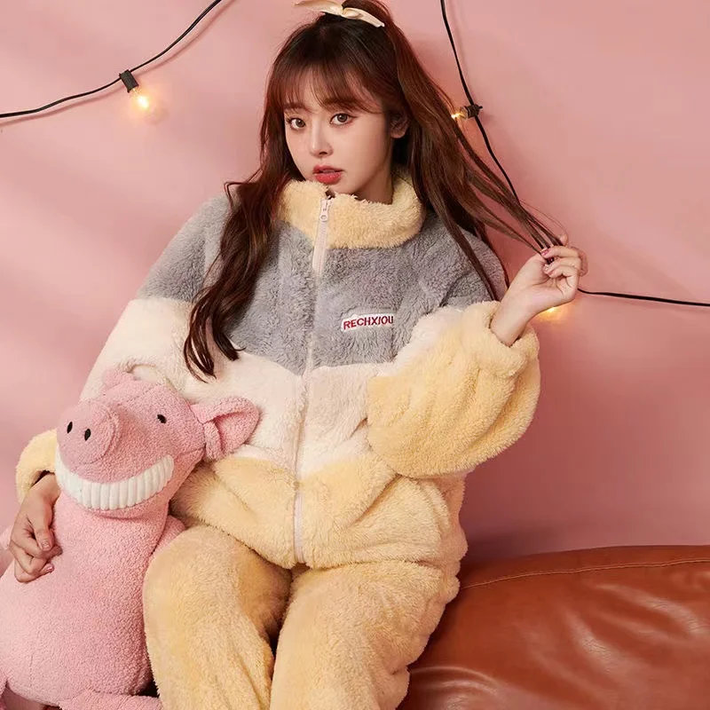 Coral Fleece Pajamas Sets For Women Winter Thick Warm Sleepwear 2 Pieces/Set Loungewear Pyjamas Suit Homewear Clothes