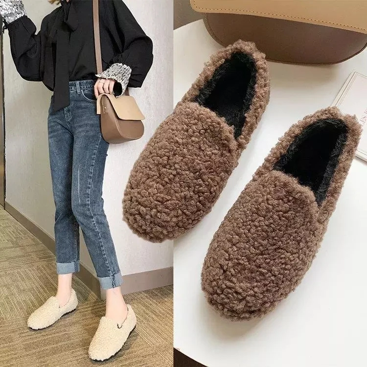

2021 Ladies wool fur loafers cotton patchwork women's shoes winter thickening furry creeper fashion flat shoes 2021