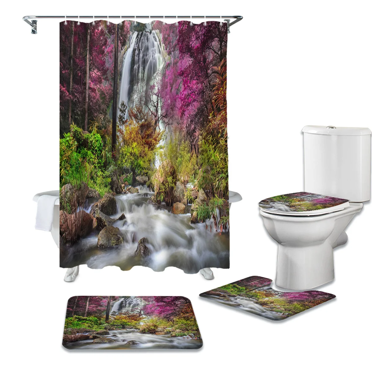 Plant Forest Waterfall Tropical Rainforest Shower Curtain Toilet Seat Cover Set Wc Accessories Mat Bathroom Decor Bath Curtains | Дом и сад