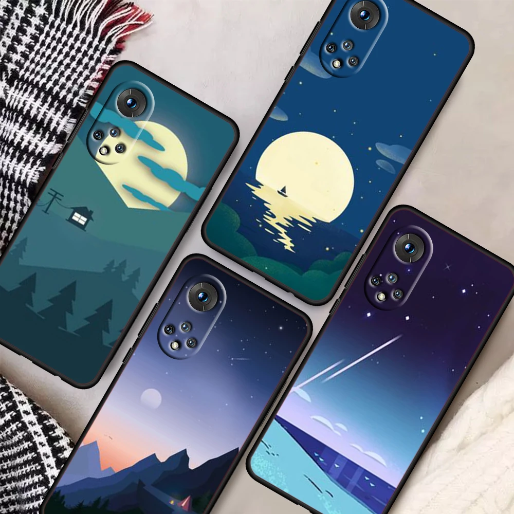

Night scene moon For Honor 50 Pro X20 SE V30 Magic3 Pro+ Play 5T 5G 30 Lite 30i 30S Silicone Soft Black Phone Case