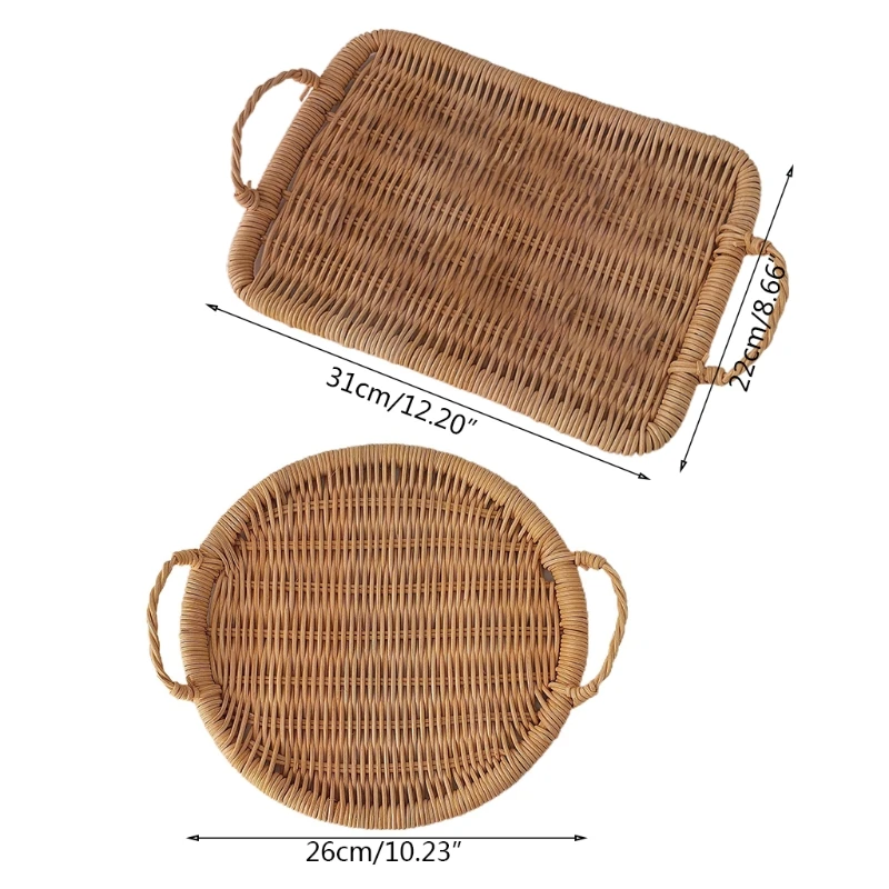 

C90D Farmhouse Woven Rattan Fruit Basket Bread Serving Tray with Handles Decorative Round Rectangular Display Organizer