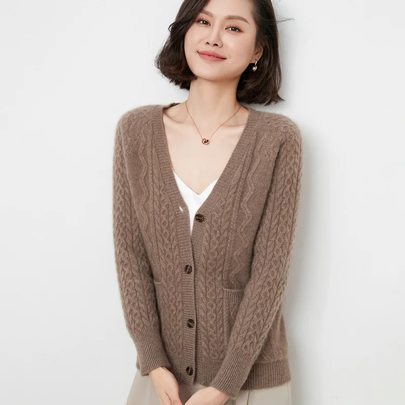 2021 Autumn And Winter New Pure Cardigan Women's Cardigan Short Tops Retro Twist V-Neck Sweater Knitted Thick Loose Jacket