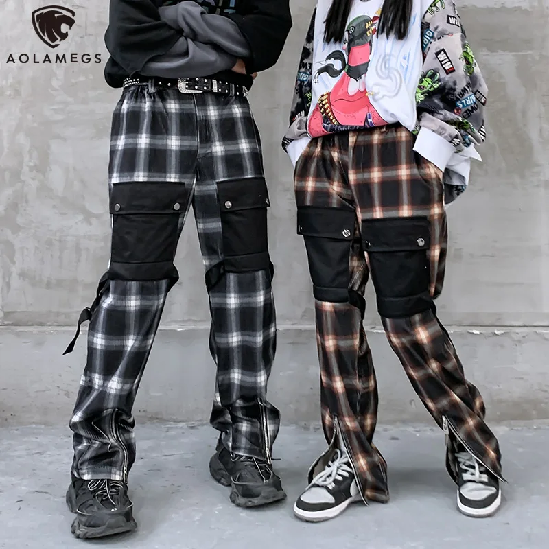 

Aolamegs Pants Men Plaid Print Fashion Zipper Multi-Pocket Track Pants Elastic Waist Hip Hop Casual Joggers Sweatpant Streetwear