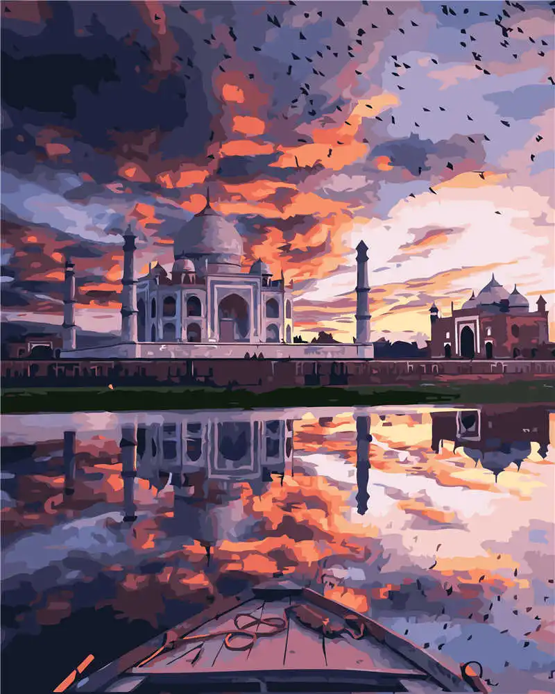 

Church At Sunset Artwork Modern Wall Art Acrylic Coloring Paint On Canvas For Home Decors DIY Landscape Painting By Numbers