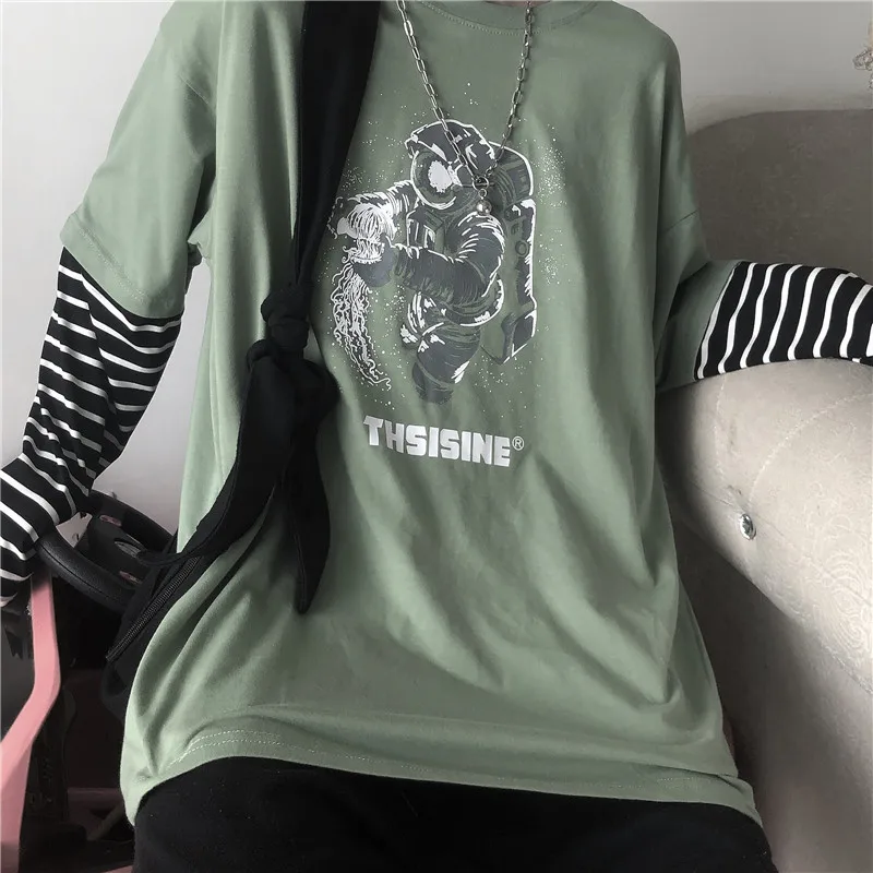 Lychee Girls Astronaut Women T Shirt Top Tee Stripe Fake 2 Pieces Women T-shirts Top Tees Patchwork Crew Neck Women T Shirts